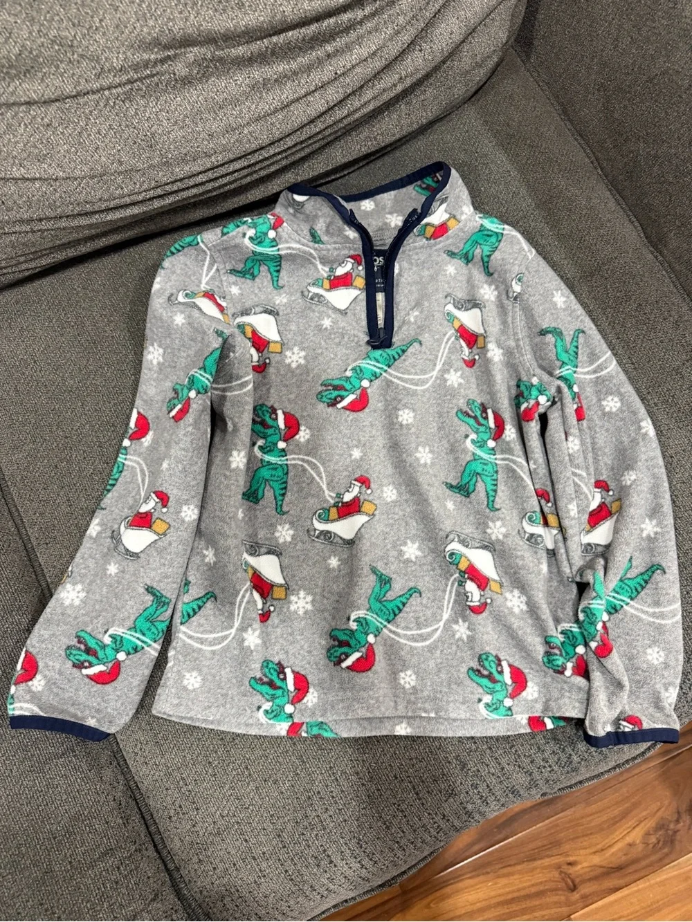 OshKosh B'gosh Gray Holiday Dinosaur 1/4 Zip Top with Green Dino Print